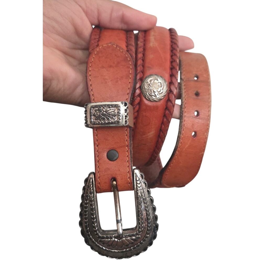 Vintage Nocona Cognac Brown Leather Western Belt Silver Buckle Concho Womens 36
